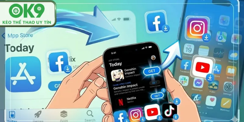 Tải App OK9 Người chơi thao tác cài đặt app OK9 trên điện thoại.