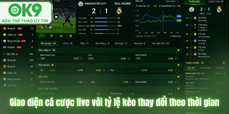 Cá cược live OK9 là gì? Hướng dẫn chơi hiệu quả Giao diện cá cược live với tỷ lệ kèo thay đổi theo thời gian