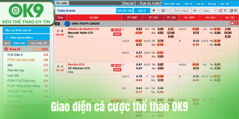 Giao diện cá cược thể thao OK9 trực quan và hiện đại