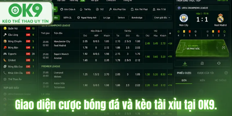 Kèo Tài Xỉu Trong Bóng Đá Và Cách Chơi Hiệu Quả Giao diện cược bóng đá và kèo tài xỉu tại OK9.