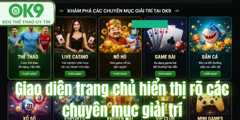 Giao diện trang chủ hiển thị rõ các chuyên mục giải trí.